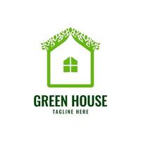 modèle de logo vectoriel eco green house avec ornement de brindilles et de feuilles sur le toit