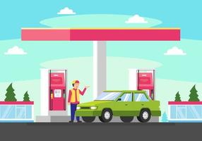 illustration vectorielle voiture de ravitaillement en carburant sur la station-service. remplissage de la voiture bleue au réservoir plein avec de l'essence vecteur