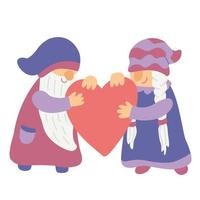 couple de gnomes avec un coeur. drôles de personnages. illustration plate dessinée à la main isolée sur blanc. idéal pour les cartes de la Saint-Valentin. couleurs lilas, violet et rouge. vecteur