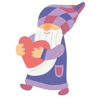 gnome marchant souriant avec un coeur. drôle de personnage. illustration plate dessinée à la main isolée sur blanc. idéal pour les cartes de la Saint-Valentin. couleurs lilas, violet et rouge. vecteur