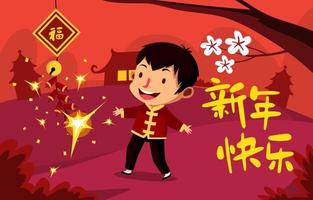 garçon célébrant le nouvel an chinois vecteur