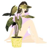 jeune femme assise derrière une plante d'intérieur en pot vecteur