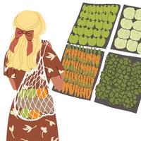 illustrations de jolie jeune fille avec un sac écologique acheter de la nourriture dans un magasin zéro déchet vecteur