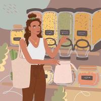 illustrations de jolie jeune fille avec un sac écologique acheter de la nourriture dans un magasin zéro déchet vecteur