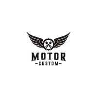 création de logo de moto de club d'engrenages et d'ailes de pistons vecteur