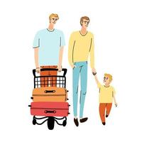illustration d'une famille avec enfant marchant avec des bagages sur un chariot vecteur