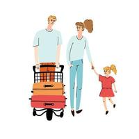 illustration d'une famille avec enfant marchant avec des bagages sur un chariot vecteur