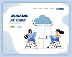 illustration vectorielle de femme traînant et appréciant le café et travaillant toujours connecté au cloud. la conception peut être utilisée pour le site Web, l'affiche, le dépliant, les applications, la publicité, la promotion, le marketing vecteur