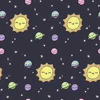 motif mignon avec des étoiles de soleil de planètes dans l'espace. papier noir pour scrapbooking doodle cosmos. textiles pour enfants. album de minimalisme pour les enfants. vecteur