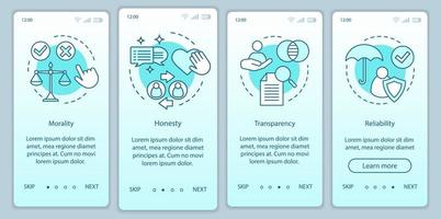 principes éthiques d'intégration du modèle vectoriel d'écran de page d'application mobile. moralité, transparence, fiabilité. Procédure pas à pas du site Web avec des illustrations linéaires. concept d'interface de smartphone ux, ui, gui