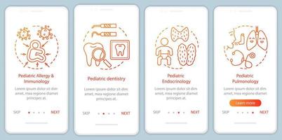 écran de page d'application mobile d'intégration des services pédiatriques avec des concepts linéaires. dentisterie, allergie, endocrinologie, pneumologie pas à pas instructions graphiques. ux, ui, modèle vectoriel gui avec icônes