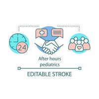 icône de concept de pédiatrie après les heures d'ouverture. assistance médicale urgente. aide d'urgence pour enfants. illustration de ligne mince d'idée d'assistance de pédiatre 24 heures sur 24. dessin de contour isolé de vecteur. trait modifiable vecteur