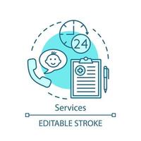 icône de concept de services. infirmière et soins d'urgence. services cliniques et pédiatriques. Assistance 24h/24. illustration de la ligne mince de l'idée d'assistance médicale. dessin de contour isolé de vecteur. trait modifiable vecteur