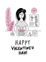 emballage agréable surprise. jeune fille vendeur wrapper et décore un cadeau. carte de doodle avec lettrage happy valentines day. affiche d'amour et carte postale. illustration vectorielle de dessin au trait dessiné à la main vecteur