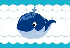 baleine de personnage mignon soufflant une fontaine nageant dans les vagues de la mer. protection des mammifères marins pour la journée mondiale des baleines. illustration vectorielle plate pour affiche, bannière, carte, livre pour enfants vecteur