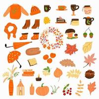 un ensemble d'éléments d'automne avec des vêtements et des feuilles et de la nourriture. vecteur