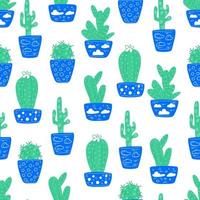 modèle sans couture avec des cactus dans des pots bleus. vecteur