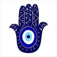 main de hamsa isolée avec un œil grec maléfique.amulette turque avec des symboles bleus et des triangles. illustration de style plat de vecteur