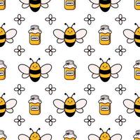 modèle sans couture mignon d'abeille de miel. vecteur doodle dessin animé ruche, fleurs et nids d'abeilles illustration papier numérique isolé sur fond blanc pour les impressions sur tissu pour enfants