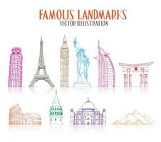 ensemble de monuments célèbres et populaires colorés dessinés à la main pour voyager isolés sur fond blanc. vecteur