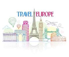 voyage coloré europe dessin à la main avec des monuments célèbres et des lieux sur fond blanc avec réflexion. vecteur