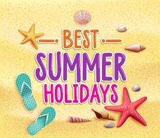 meilleures vacances d'été mots de titre colorés dans le sable jaune de la plage avec des pantoufles, des étoiles de mer et des coquillages. vecteur