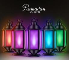 ensemble coloré de lanternes de ramadan ou fanous avec lumières et salutations de ramadan kareem sur fond sombre. vecteur