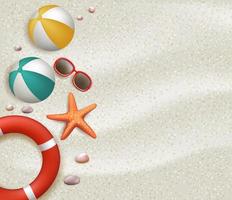 Image vectorielle fond de vacances d'été dans le sable blanc de la plage avec ballon, bouée de sauvetage, lunettes de soleil, étoiles de mer, pierres vecteur