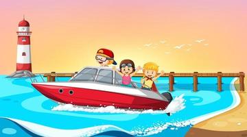 paysage de vagues océaniques avec des enfants sur un bateau vecteur
