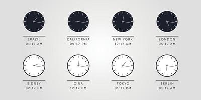 ensemble d'horloge jour et nuit pour les fuseaux horaires de différentes villes. illustration vectorielle vecteur