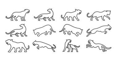 jeu d'icônes de ligne de tigre, conception d'illustration de logo de ligne vectorielle de panthère noire vecteur