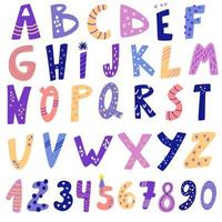 alphabet et chiffres en style cartoon. illustration moderne lumineuse pour enfants, anniversaire, chambre d'enfant, affiche, carte postale, anniversaire, conception de papier d'emballage, t-shirts pour enfants. illustration vectorielle. vecteur