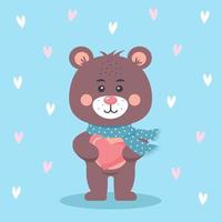 ours en peluche mignon dans une écharpe tenant un coeur. cœurs autour de lui. La Saint-Valentin. vecteur