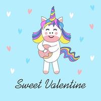 licorne mignonne avec beignet. doux texte de la Saint-Valentin. vecteur