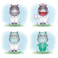 hippopotame mignon avec collection de costumes de médecin et d'infirmière de l'équipe du personnel médical vecteur