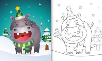livre de coloriage avec une jolie collection de personnages de noël hippopotame avec un bonnet et une écharpe vecteur