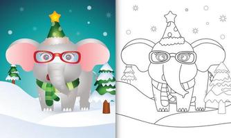 livre de coloriage avec une jolie collection de personnages de noël éléphant avec un bonnet et une écharpe vecteur