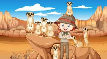 une fille exploratrice avec un groupe de suricates dans la forêt du désert vecteur