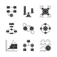 concepts de diagramme ensemble d'icônes de glyphe. données statistiques et visualisation du flux de processus. représentation des informations. comparaisons entre catégories discrètes. symboles de silhouettes. illustration vectorielle isolée vecteur