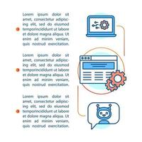 modèle de vecteur de page d'article d'outils logiciels et d'automatisation. annonces, référencement. brochure, magazine, élément de conception de livret avec icônes linéaires et zones de texte. design d'impression. illustrations de concept avec espace de texte