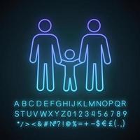 icône de néon de famille gay. deux papas avec enfant. parentalité homosexuelle. parents lgbt. deux hommes avec enfant. l'adoption homosexuelle. signe lumineux avec alphabet, chiffres et symboles. illustration vectorielle isolée vecteur