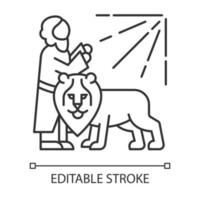 daniel dans l'icône linéaire de l'histoire de la bible de la tanière du lion. héros légendaire priant. légende religieuse. récit biblique. illustration de la ligne mince. symbole de contour. dessin de contour isolé de vecteur. trait modifiable vecteur