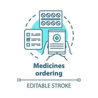 icône de concept d'application de commande de médicaments. illustration de la ligne mince de l'idée de livraison de fournitures médicales. commerce de détail de médicaments. tablette, pilules et liste de contrôle vecteur dessin de contour isolé. trait modifiable