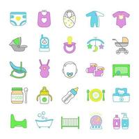 ensemble d'icônes de couleur de garde d'enfants. équipements, vêtements, landaus, sièges auto, alimentation pour bébés. illustrations vectorielles isolées vecteur