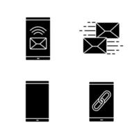 jeu d'icônes de glyphe d'applications pour smartphone. message entrant, mailing, téléphone mobile, partage de lien. symboles de silhouettes. illustration vectorielle isolée vecteur