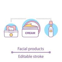 icône de concept de produits pour le visage. illustration de fine ligne d'idée de soin de la peau. soins de la peau du visage. crème, correcteur, lingettes humides. cosmétiques de maquillage. dessin de contour isolé de vecteur. trait modifiable vecteur