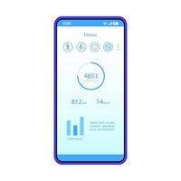 modèle de vecteur d'interface d'application de smartphone de fitness. mise en page de conception bleue de la page d'application mobile. écran podomètre. interface utilisateur plate. traqueur sportif. écran de téléphone avec statistiques d'activité physique