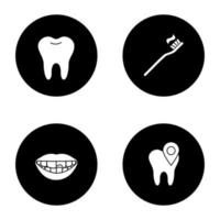 ensemble d'icônes de glyphe de dentisterie. stomatologie. dent saine, emplacement de la clinique dentaire, dent cassée, brosse à dents et dentifrice. illustrations de silhouettes blanches vectorielles dans les cercles noirs vecteur