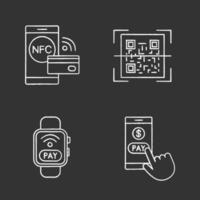 ensemble d'icônes de craie de paiement électronique. payer avec smartphone, smartwatch nfc, scanner de code qr, paiement sans contact. illustrations de tableau de vecteur isolé