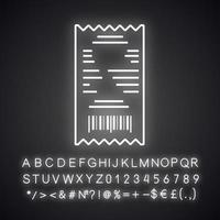 icône de néon de reçu de caisse. chèque papier. facture. signe lumineux avec alphabet, chiffres et symboles. illustration vectorielle isolée vecteur